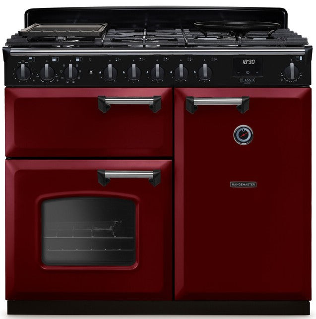 Rangemaster CLDL100DFPBOR/CM1 Classic Deluxe 100cm Dual Fuel Range Cooker - Bordeaux/Chrome Trim