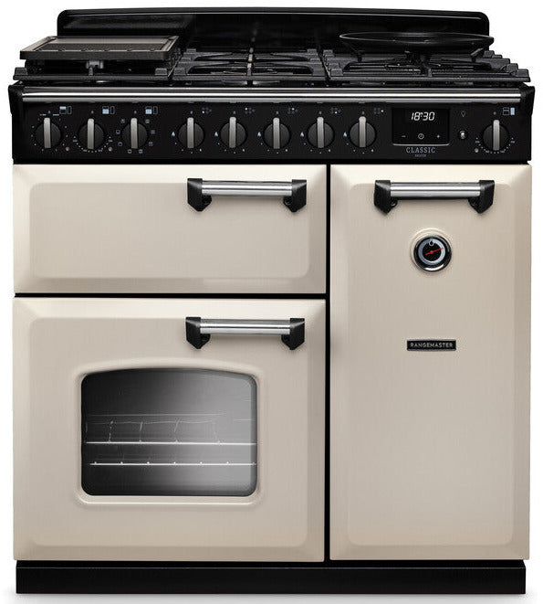 Rangemaster CLDL90DFPPCR/CM1 Classic Deluxe 90cm Dual Fuel Range Cooker - Pale Cream/Chrome Trim