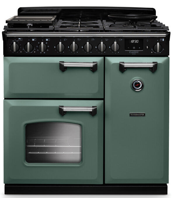Rangemaster CLDL90DFPMGR/CM1 Classic Deluxe 90cm Dual Fuel Range Cooker - Mineral Green/Chrome Trim