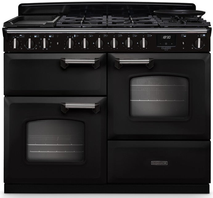 Rangemaster CLDLO110DFPCBL/CM1 Classic Deluxe OC 110cm Dual Fuel Range Cooker - Charcoal Black/Chrome