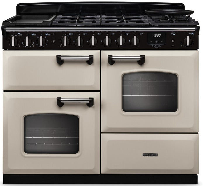 Rangemaster CLDLO110DFPPCR/CM1 Classic Deluxe OC 110cm Dual Fuel Range Cooker - Pale Cream/Chrome Trim