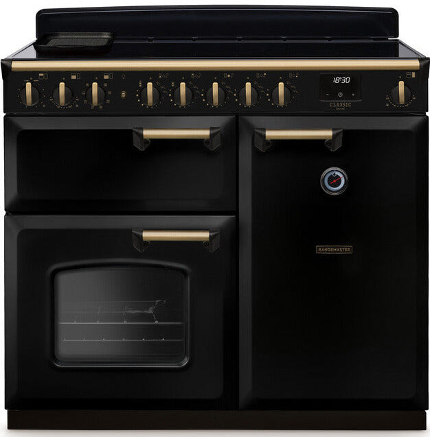 Rangemaster CLDL100EIPGBL/AB1 Classic Deluxe 100cm Induction Range Cooker - Gloss Black/Antique Brass Trim