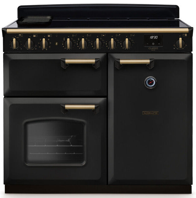 Rangemaster CLDL100EIPCBL/AB1 Classic Deluxe 100cm Induction Range Cooker - Charcoal Black/Antique Brass Trim
