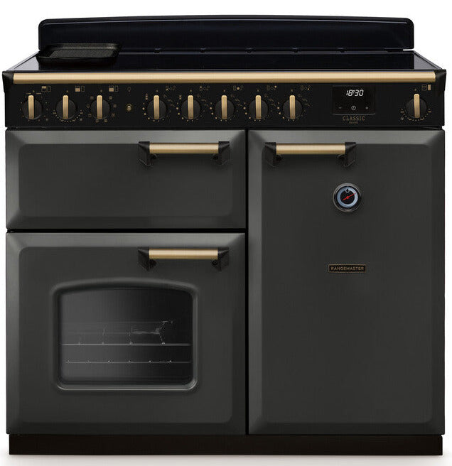 Rangemaster CLDL100EIPSLT/AB1 Classic Deluxe 100cm Induction Range Cooker - Slate/Antique Brass Trim