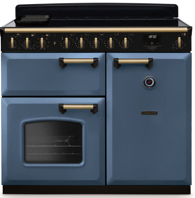 Rangemaster CLDL100EIPSTB/AB1 Classic Deluxe 100cm Induction Range Cooker - Stone Blue/Antique Brass Trim