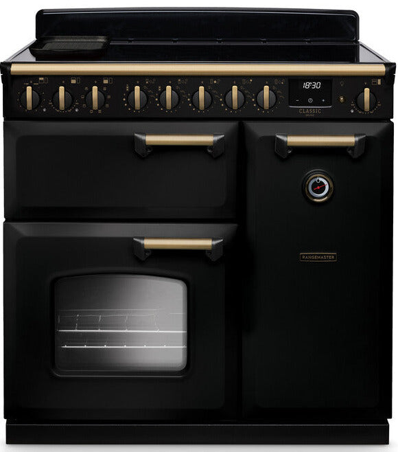 Rangemaster CLDL90EIPCBL/AB1 Classic Deluxe 90cm Induction Range Cooker - Charcoal Black/Antique Brass Trim