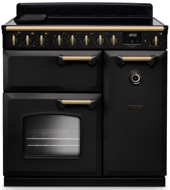 Rangemaster CLDL90EIPGBL/AB1 Classic Deluxe 90cm Induction Range Cooker - Gloss Black/Antique Brass Trim