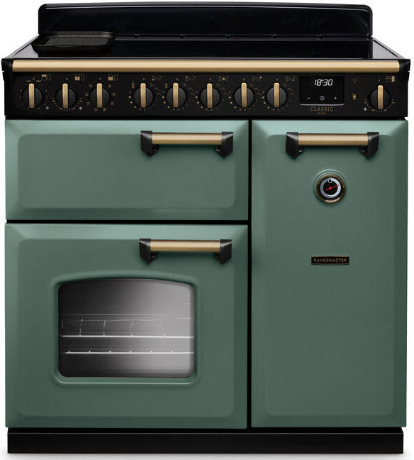 Rangemaster CLDL90EIPMGR/AB1 Classic Deluxe 90cm Induction Range Cooker - Mineral Green/Antique Brass Trim