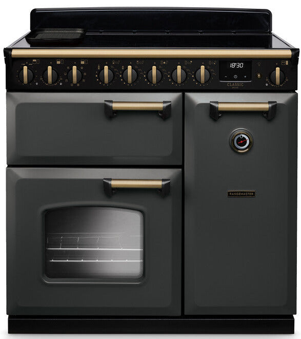 Rangemaster CLDL90EIPSLT/AB1 Classic Deluxe 90cm Induction Range Cooker - Slate/Antique Brass Trim