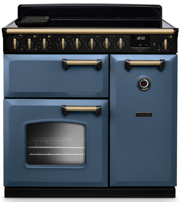 Rangemaster CLDL90EIPSTB/AB1 Classic Deluxe 90cm Induction Range Cooker - Stone Blue/Antique Brass Trim