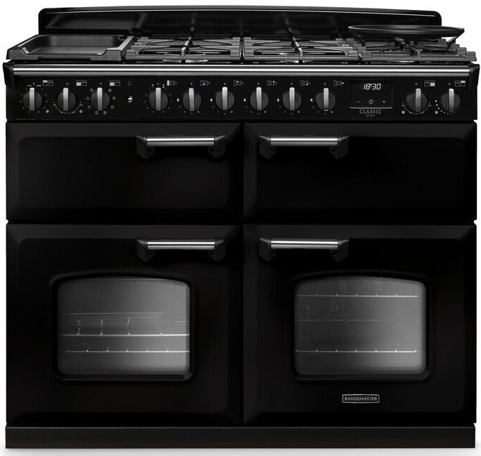 Rangemaster CLDLB110DFPGBL/CM1 Classic Deluxe BC 110cm Dual Fuel Range Cooker - Gloss Black/Chrome Trim