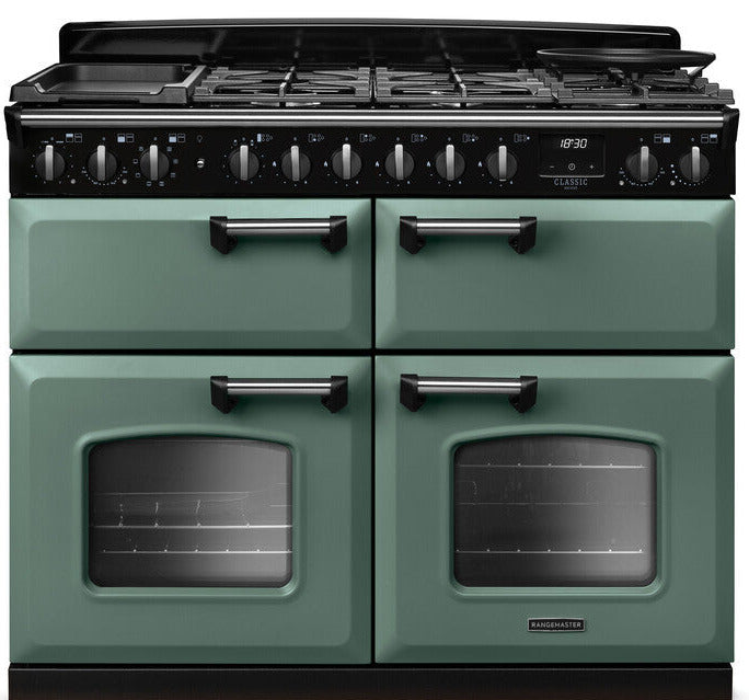 Rangemaster CLDLB110DFPMGR/CM1 Classic Deluxe BC 110cm Dual Fuel Range Cooker - Mineral Green/Chrome
