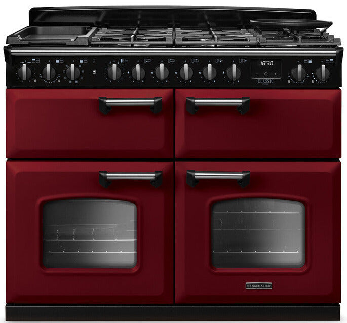 Rangemaster CLDLB110DFPBOR/CM1 Classic Deluxe BC 110cm Dual Fuel Range Cooker - Bordeaux/Chrome Trim
