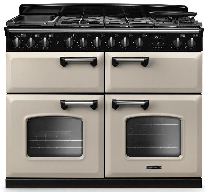 Rangemaster CLDLB110DFPPCR/CM1 Classic Deluxe BC 110cm Dual Fuel Range Cooker - Pale Cream/Chrome Trim