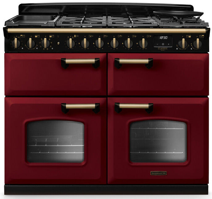Rangemaster CLDLB110DFPBOR/AB1 Classic Deluxe BC 110cm Dual Fuel Range Cooker - Bordeaux/Antique Brass Trim