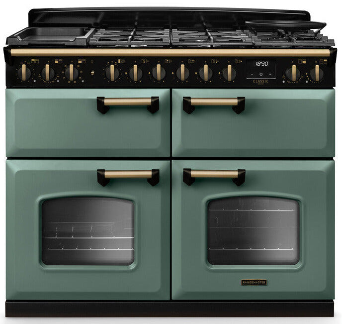 Rangemaster CLDLB110DFPMGR/AB1 Classic Deluxe BC 110cm Dual Fuel Range Cooker - Mineral Green/Antique Brass Trim