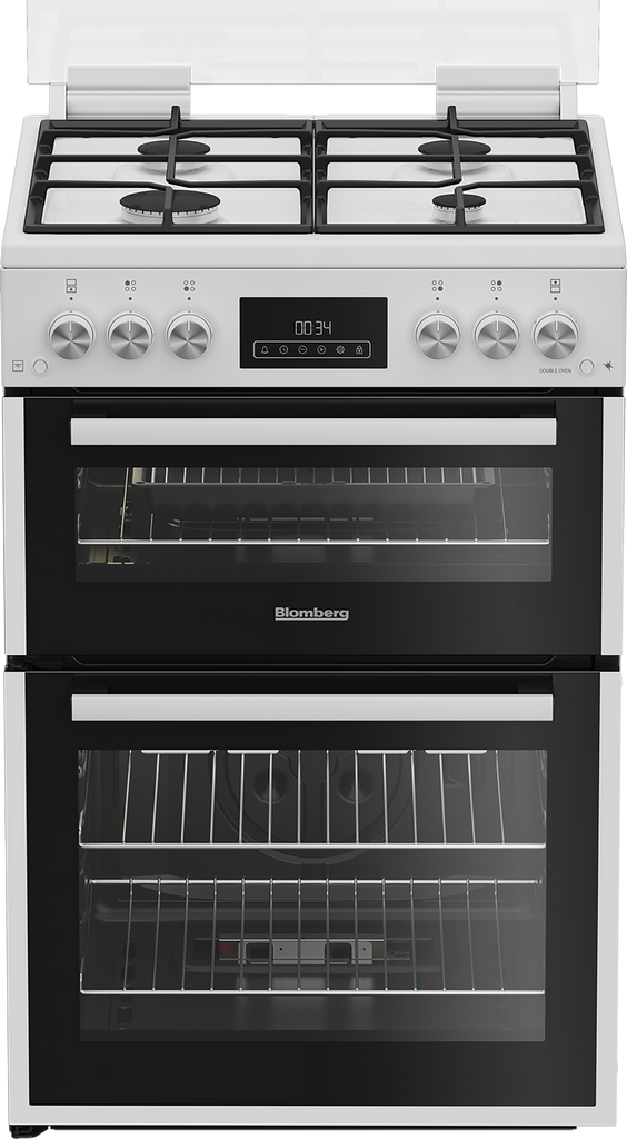 Blomberg GGRN655W 60cm Gas Cooker - White features four gas burners and a double oven for versatile cooking.