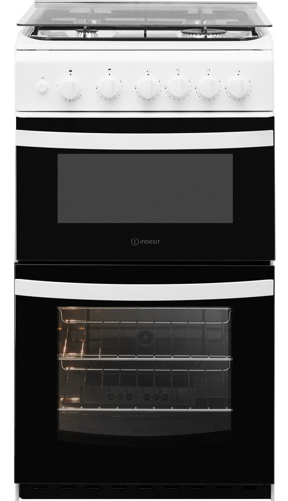 Indesit ID5G00KMWL 50cm Gas Cooker - White features four burners and a drop-down grill for versatile cooking.