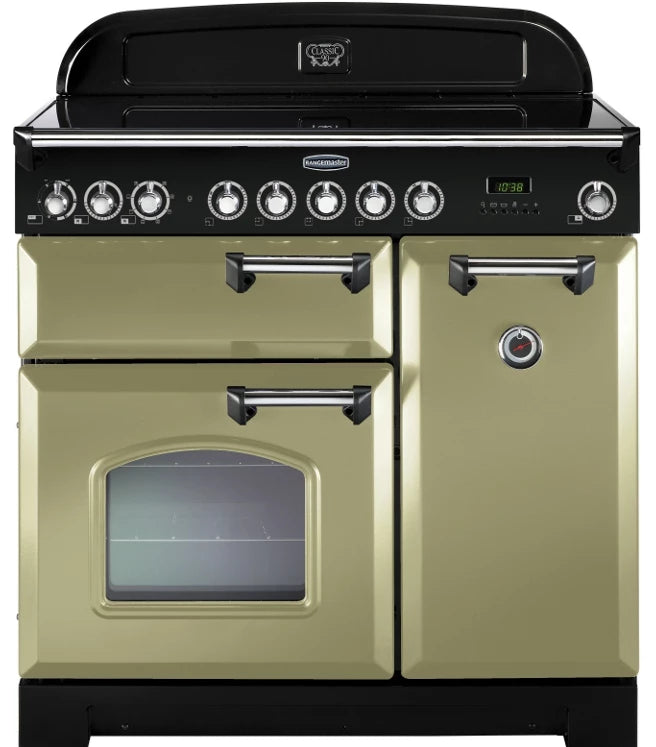 Rangemaster Classic Deluxe CDL90ECOG/C 90cm Electric Range Cooker with Ceramic Hob - Olive Green/Chrome Trim