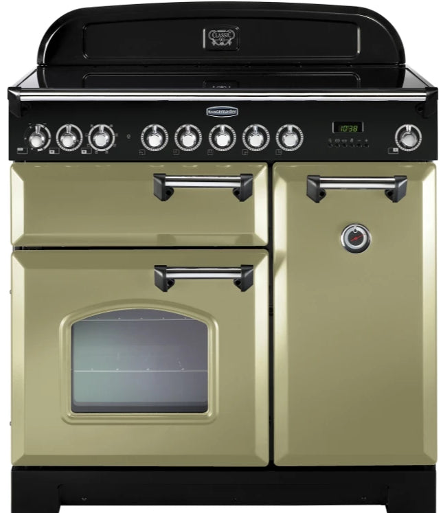 Rangemaster Classic Deluxe CDL90EIOG/C 90cm Electric Range Cooker with Induction Hob - Olive Green/Chrome Trim