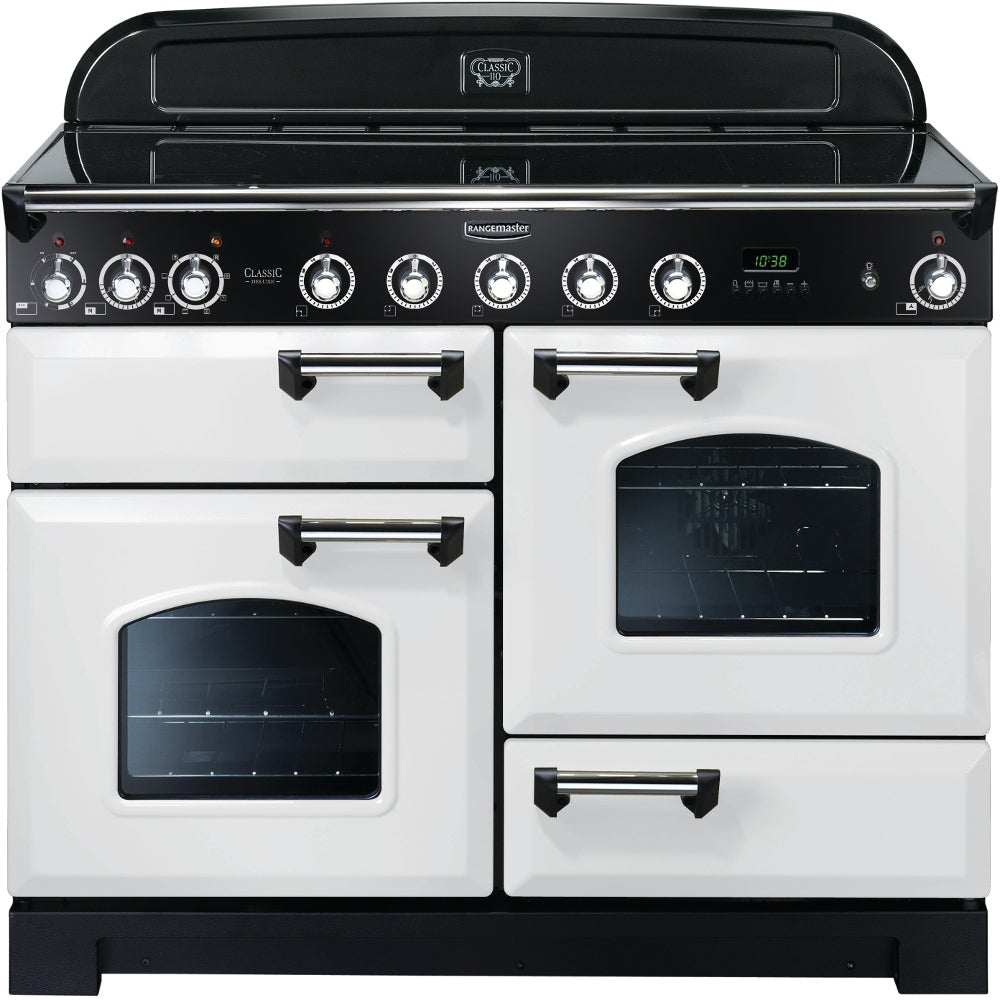 Rangemaster Classic Deluxe CDL110EIWH/C 110cm Electric Range Cooker with Induction Hob - White/Chrome Trim