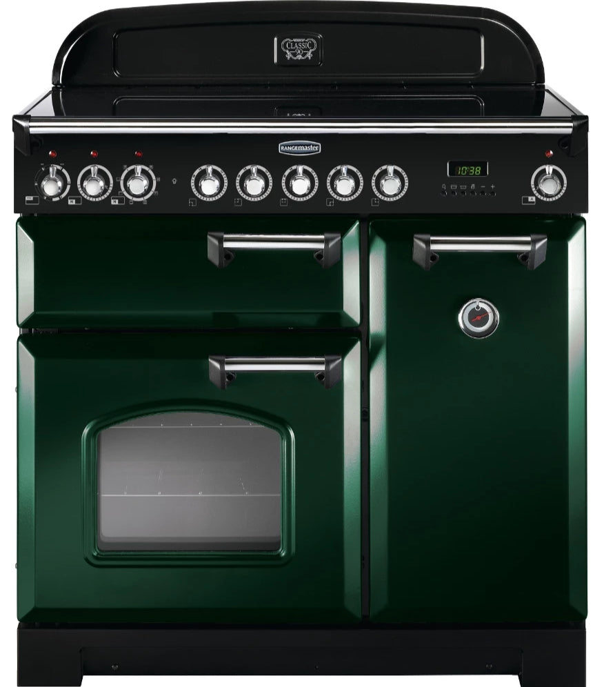 Rangemaster Classic Deluxe CDL90EIRG/C 90cm Electric Range Cooker with Induction Hob - Green/Chrome Trim