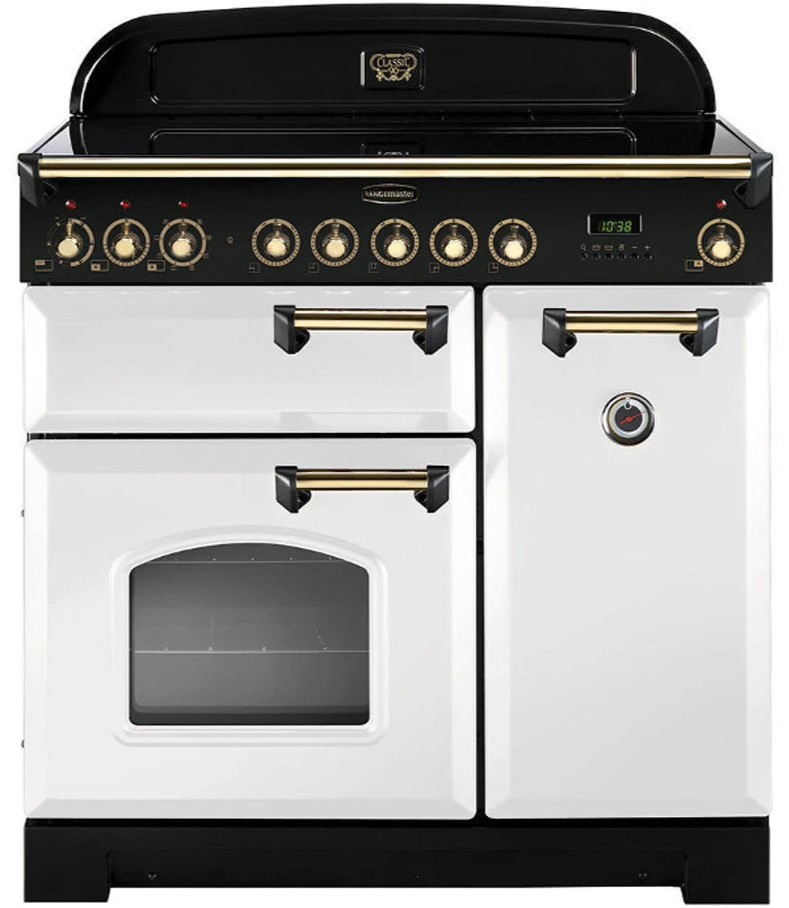 Rangemaster Classic Deluxe CDL90EIWH/B 90cm Electric Range Cooker with Induction Hob - White/Brass Trim