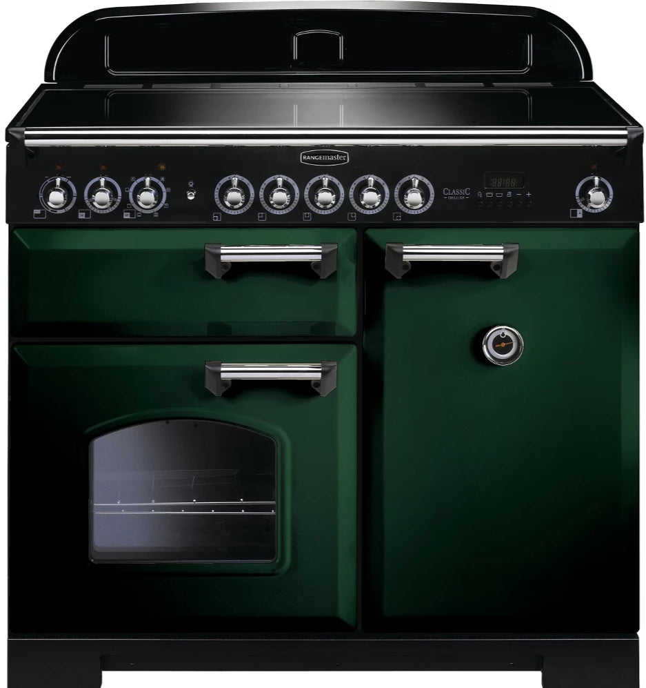 Rangemaster Classic Deluxe CDL100EIRG/C 100cm Electric Range Cooker with Induction Hob - Greeen/Chrome Trim