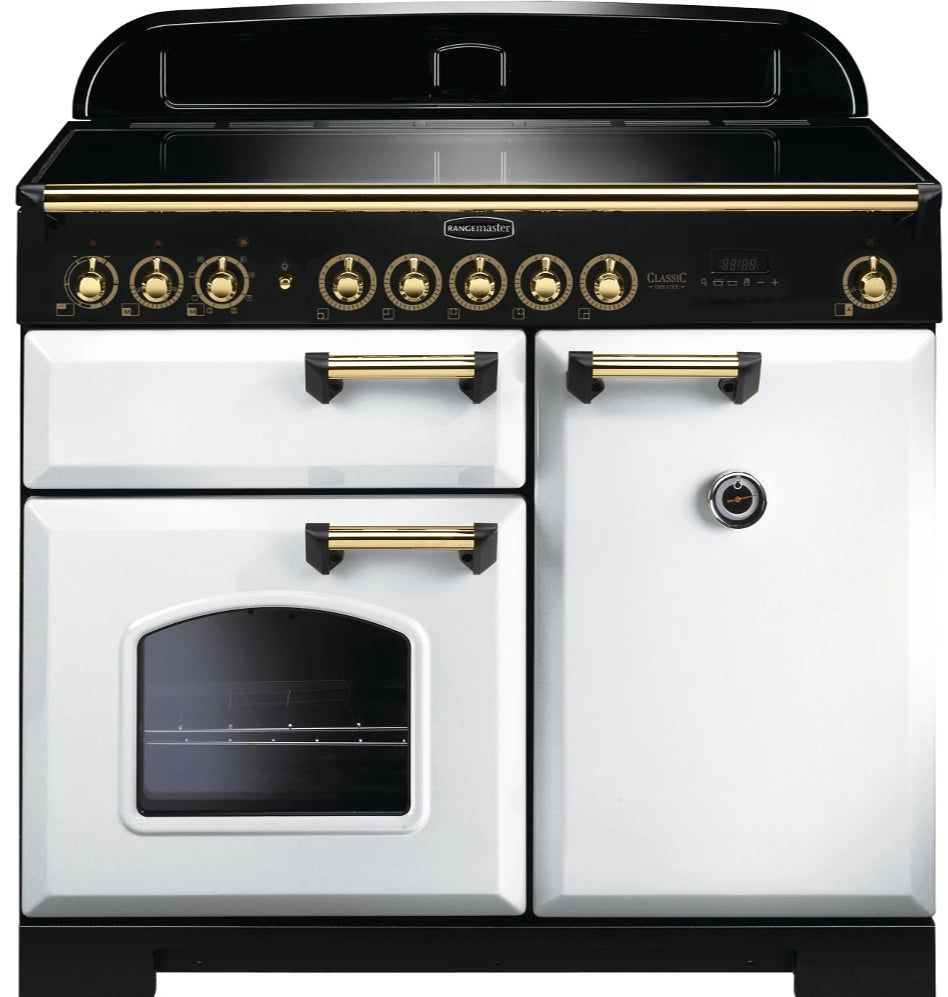 Rangemaster Classic Deluxe CDL100EIWH/B 100cm Electric Range Cooker with Induction Hob - White/Brass Trim