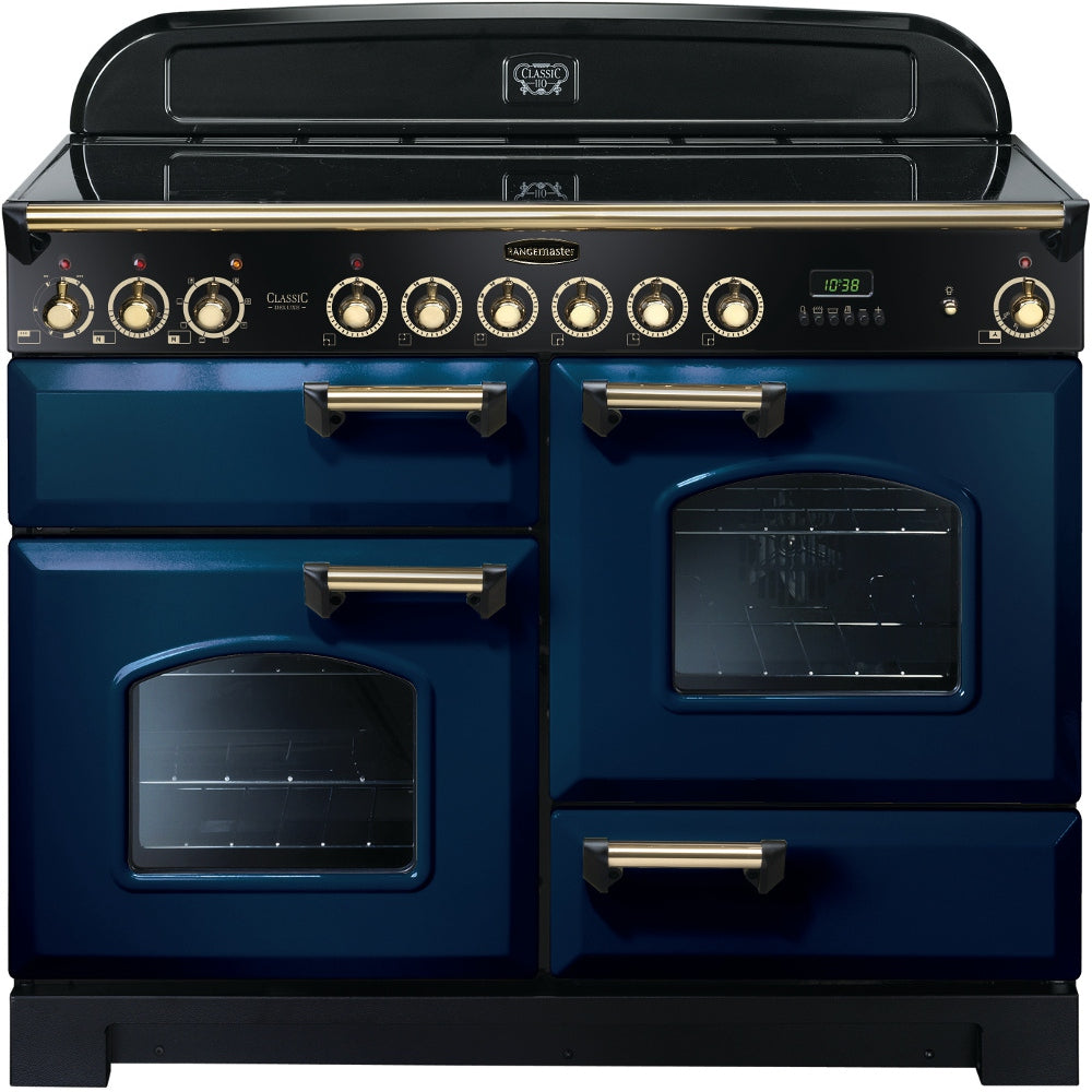 Rangemaster Classic Deluxe CDL110ECRB/B 110cm Electric Range Cooker with Ceramic Hob - Blue/Brass Trim