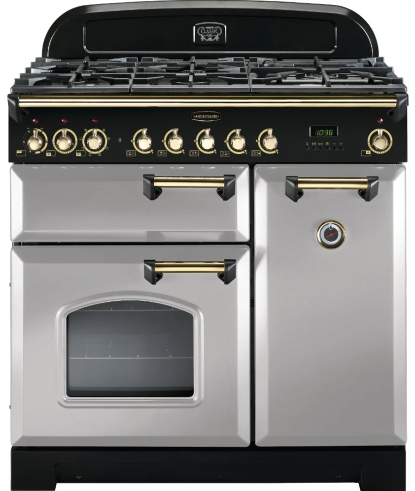 Rangemaster Classic Deluxe CDL90DFFRP/B 90cm Dual Fuel Range Cooker - Royal Pearl/Brass Trim