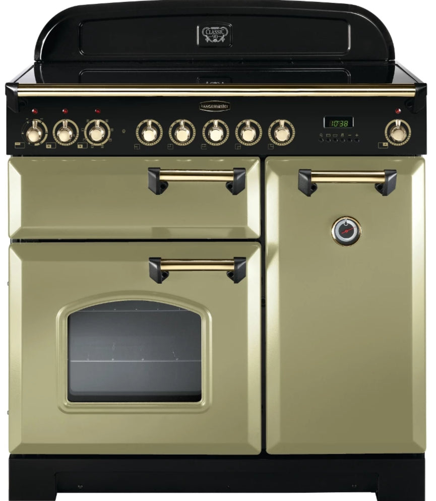 Rangemaster Classic Deluxe CDL90EIOG/B 90cm Electric Range Cooker with Induction Hob - Olive Green/Brass Trim