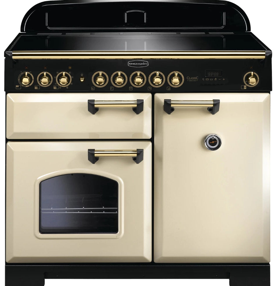 Rangemaster Classic Deluxe CDL100EICR/B 100cm Electric Range Cooker with Induction Hob - Cream/Brass Trim