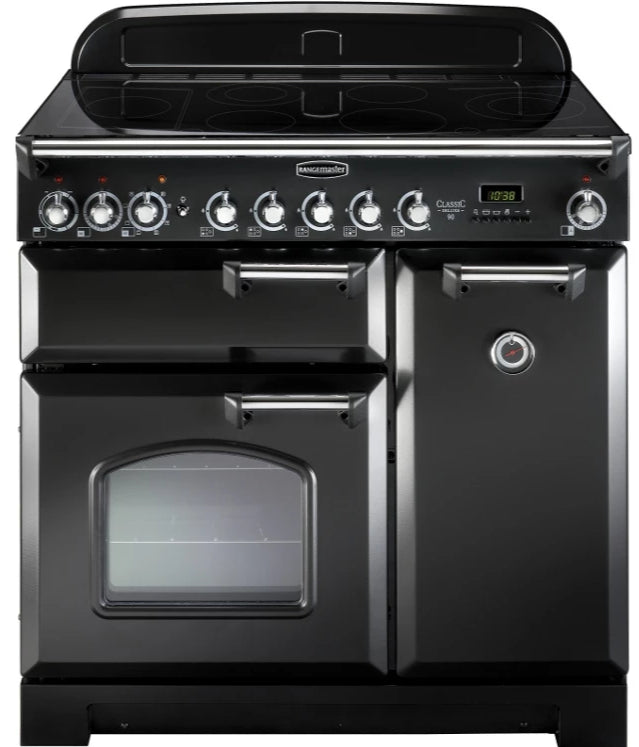 Rangemaster Classic Deluxe CDL90EIBL/C 90cm Electric Range Cooker with Induction Hob - Black/Chrome Trim