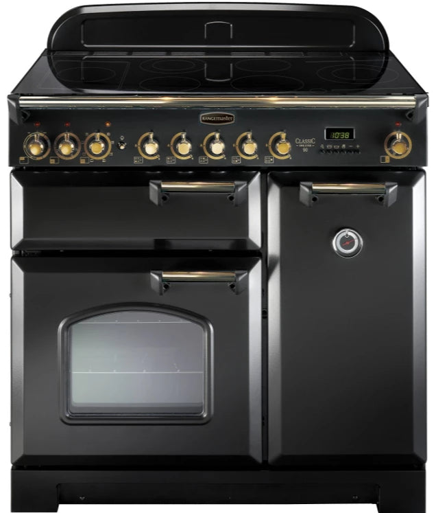Rangemaster Classic Deluxe CDL90EIBL/B 90cm Electric Range Cooker with Induction Hob - Black/Brass Trim