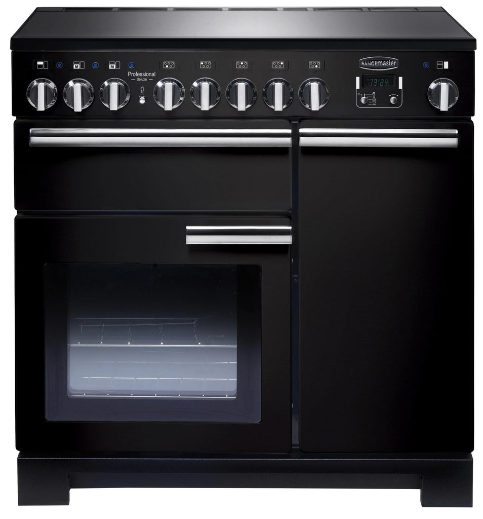 Rangemaster Professional Deluxe PDL90EIGB/C 90cm Electric Range Cooker with Induction Hob - Black/Chrome Trim