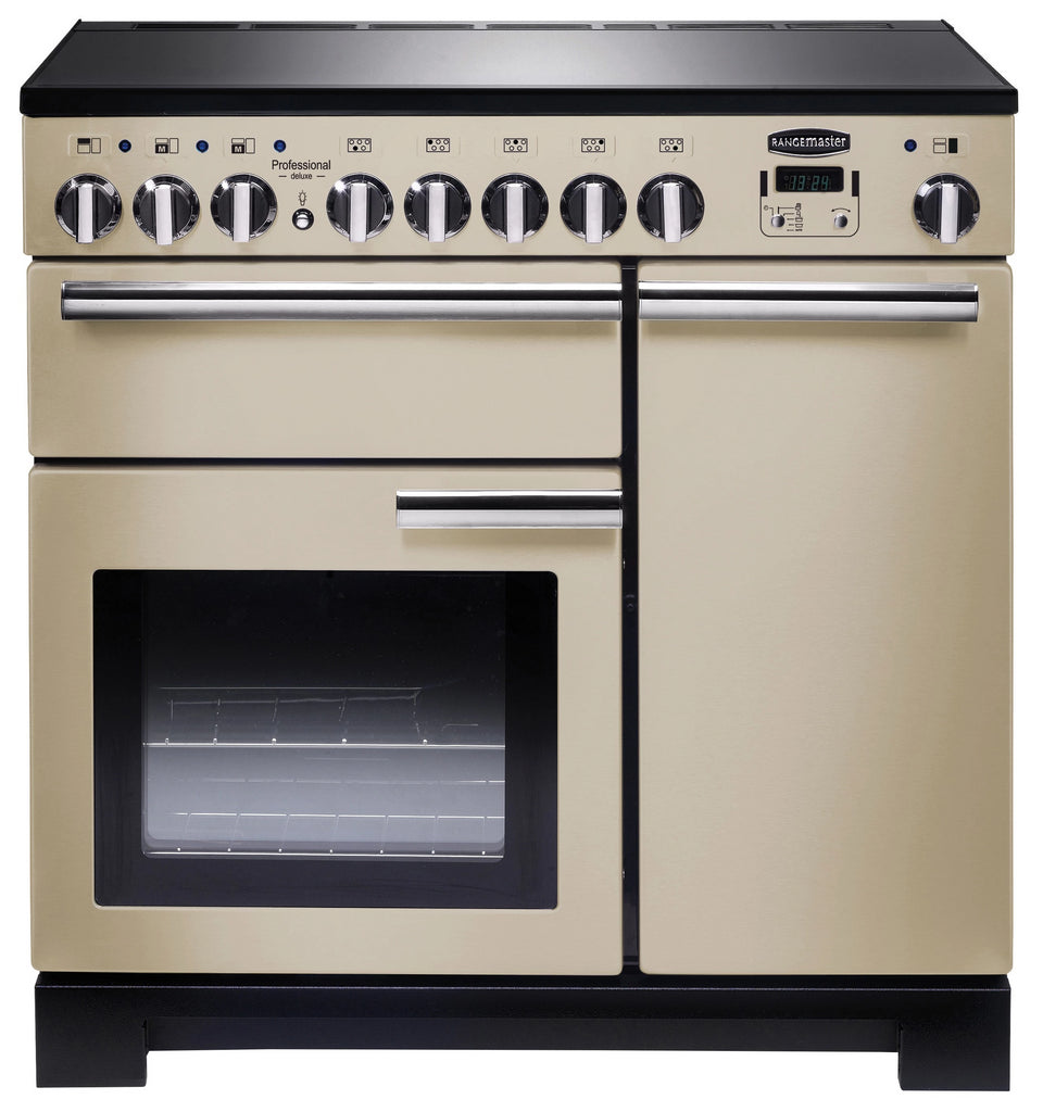 Rangemaster Professional Deluxe PDL90EICR/C 90cm Electric Range Cooker with Induction Hob - Cream/Chrome Trim